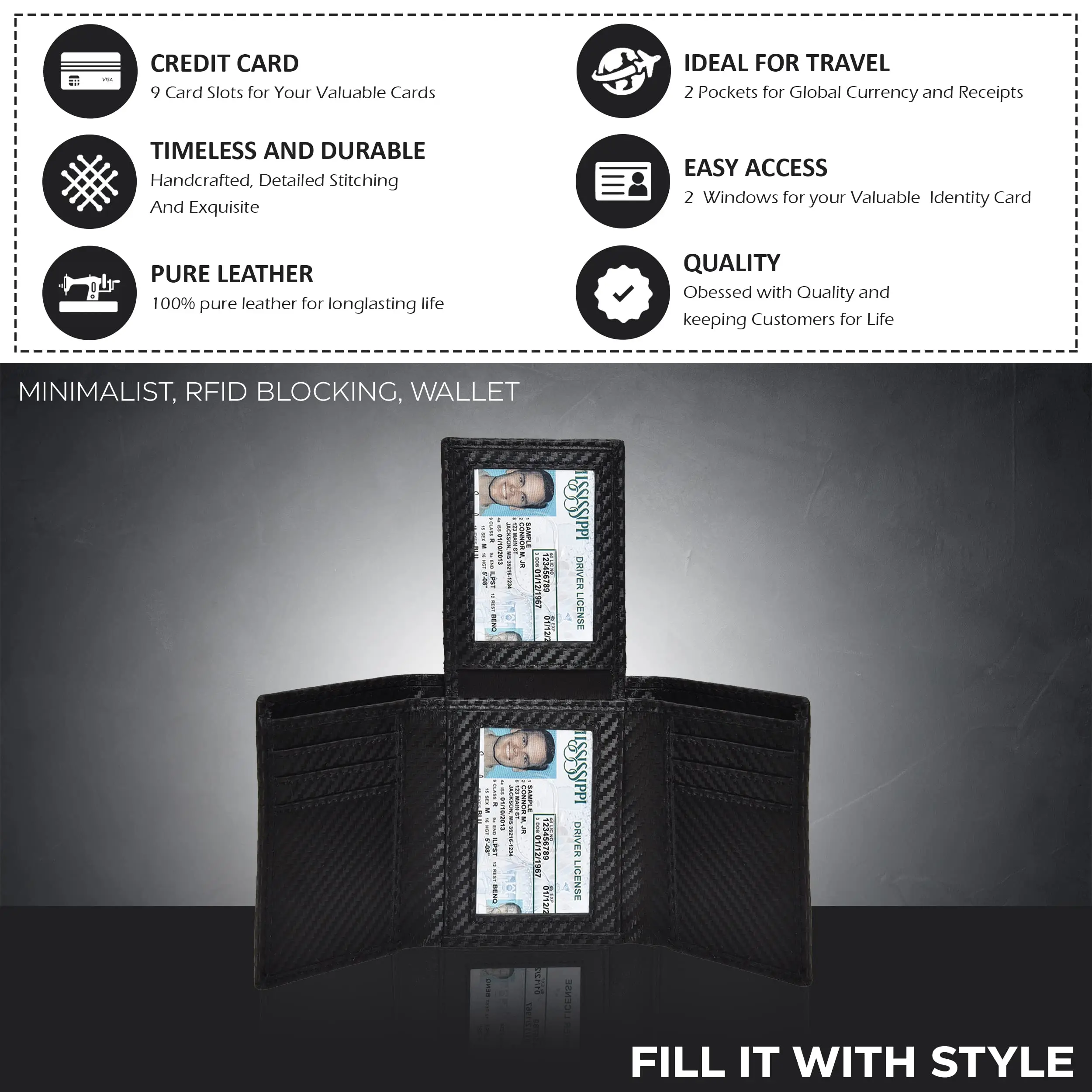 High-capacity Tri-fold Mans Card Case Wallet Leather Credit Card Holder Wallet RFID Blocking Carbon Fiber Leather Wallet