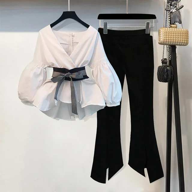 Women Korean Summer Office 2 Piece Set V-neck Lantern Sleeve Bow Striped Blouse Shirt + Split Pencil Flare Pant SET 15%