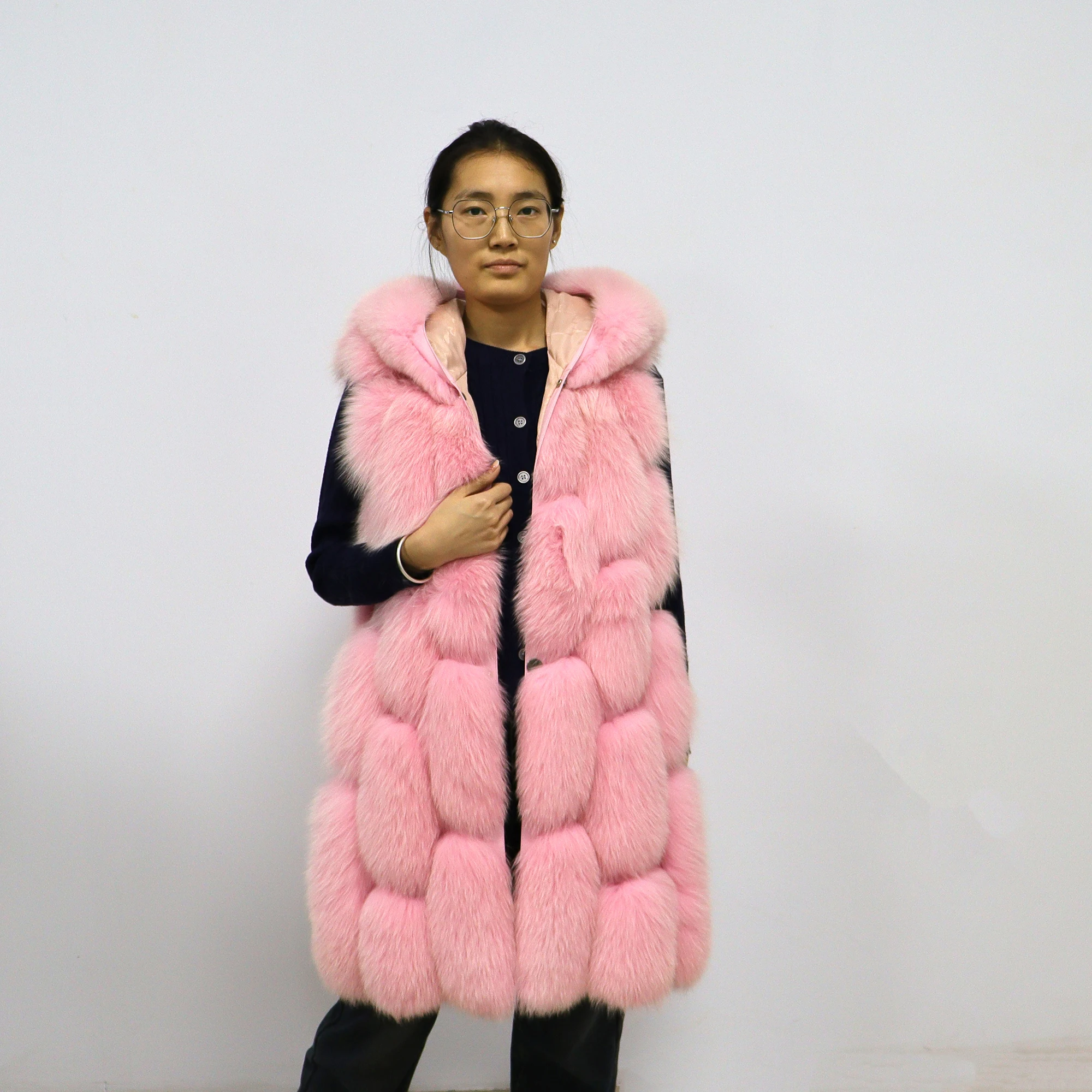 Fashion Winter Warm Fox Fur Vest Customizable Size Ladies Hooded Fur Jacket Sleeveless