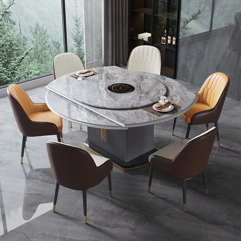 Italian shiny stone solid wood dining table and chair set, minimalist home multifunctional induction cooker turntable