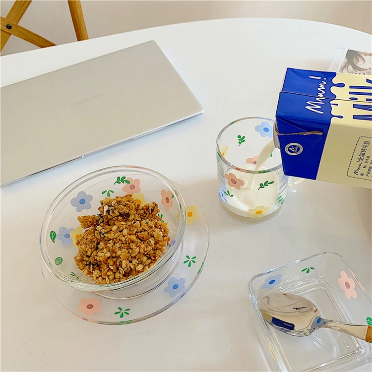 Japanese Style Cute Design Printing Handmade High Quality Transparent Kitchen Glassware Sets Home Food Plate Sets