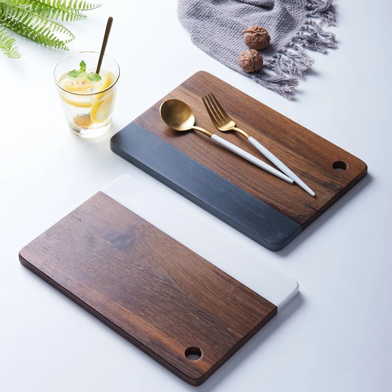 Hot Sale Black Slate Food Platter White Marble Solid Wood Cutting Board For Kitchen Cheese Charcuterie Dinner Serving Tray