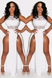 J&H fashion high waist sleeveless lace dress with double slit ladies sexy elegance evening dress