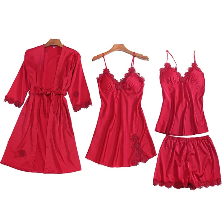 
2021 Wholesale Fashion Women Silk Satin 4 Piece Pijama Pajamas Set With Long Sleeve 