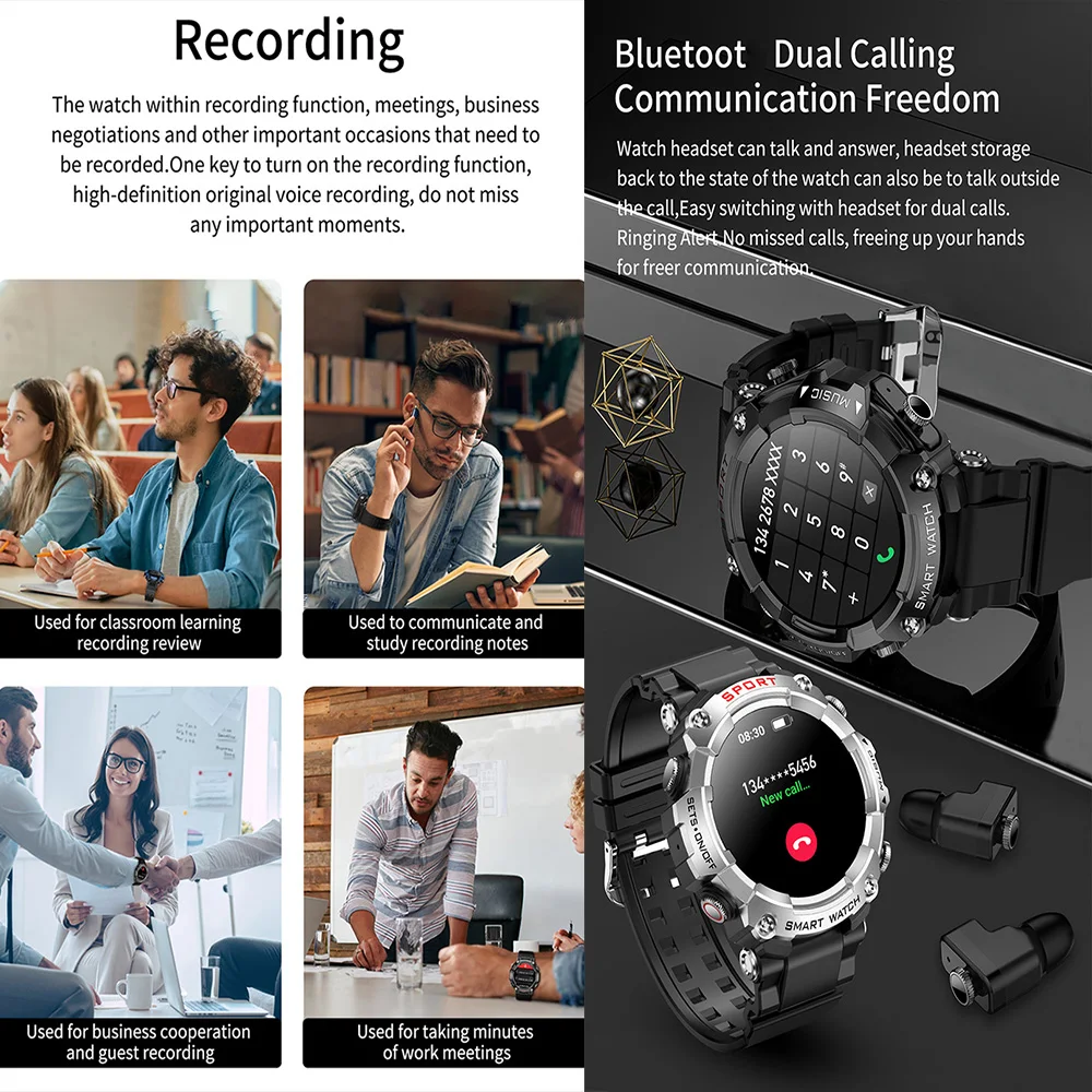 2024 New Men Smartwatch Round Shape Touch Screen Heart rate sport Monitoring T96 Smart Watch with Earbuds 2 in 1