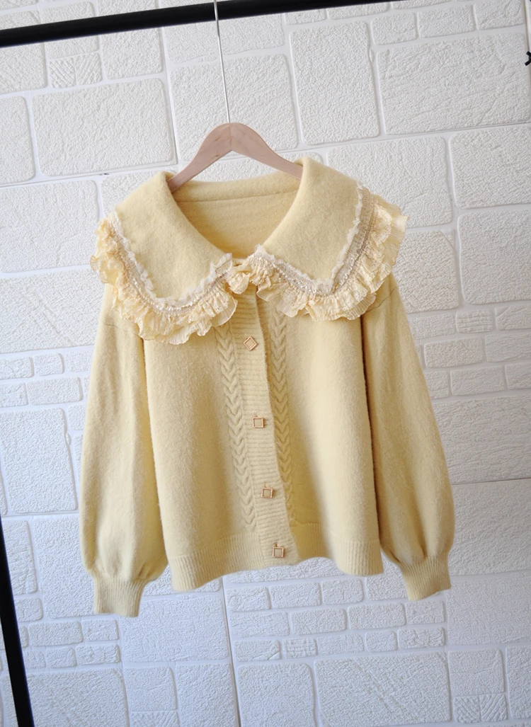 New design women ruffle  knitted cardigan lantern sleeve sweater cardigan