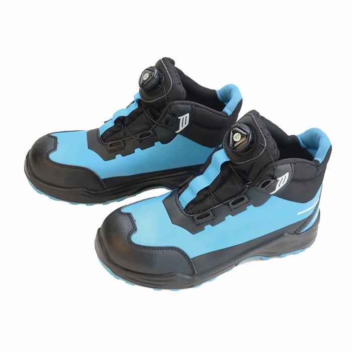Fashionable Blue Microfiber Upper Safety Work Shoes Anti Smashing Rotary Buckle High Top Construction Safety Boots