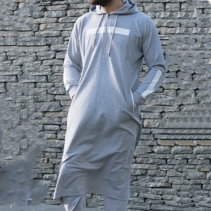 Long Hoodie Men Patchwork Islamic Muslim Men Autumn Pocket Pullover Arab Robe