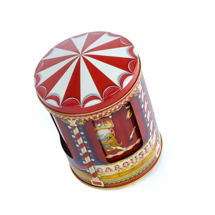 Custom Music Metal Food Packing Rolling Carousel Round Shape Gift Music Tin Box