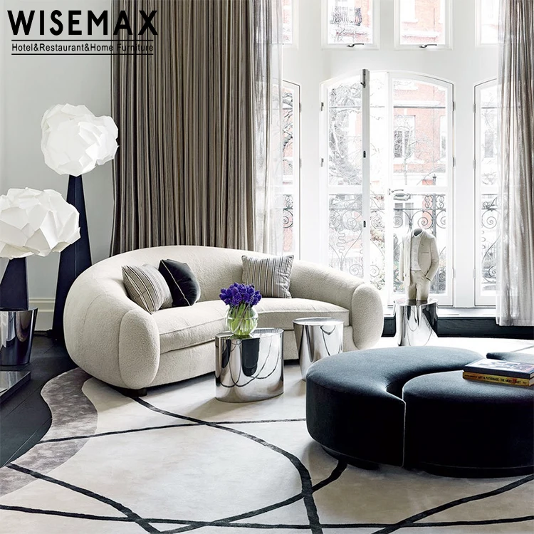WISEMAX FURNITURE  luxury Living Room Furniture sofas set curved shaped Lamb Wool Fabric 3 seater Sofa accent single seat sofas