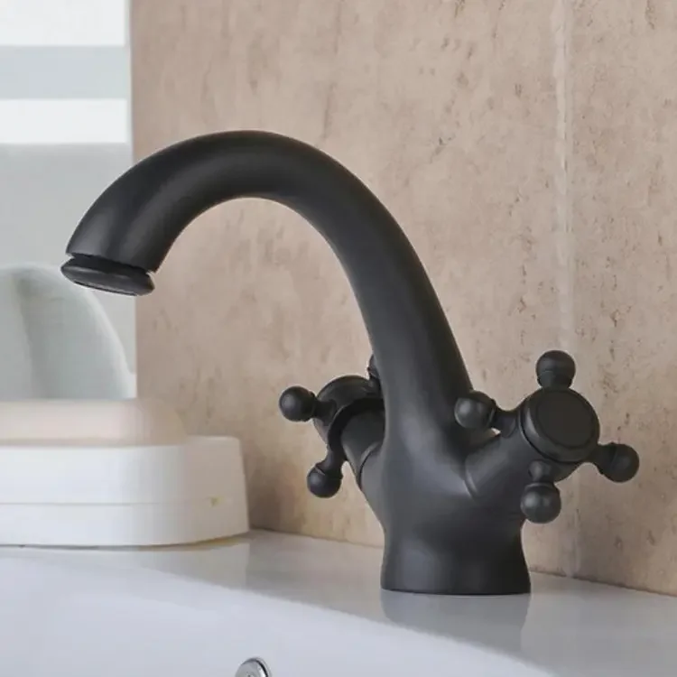 Kangrun Retro Brass Dual Handles Hot Cold Mixer Water Single Hole Bathroom Basin Sink Faucet Tap