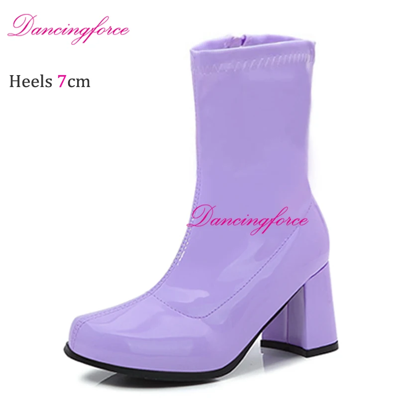 Blue Vintage Go Go Ankle Boots For Women Square Heels Round Toe Ladies Boots Hoof Heels Booties Woman Fetish 60S 70S Gogo Boots