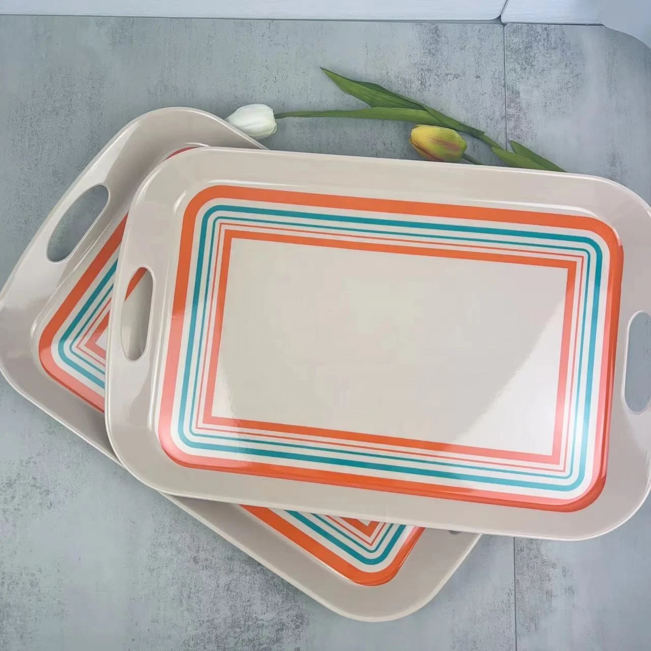 Wholesale unbreakable  print melamine   plastic  serving  breakfast set  decorative  tray with  handles