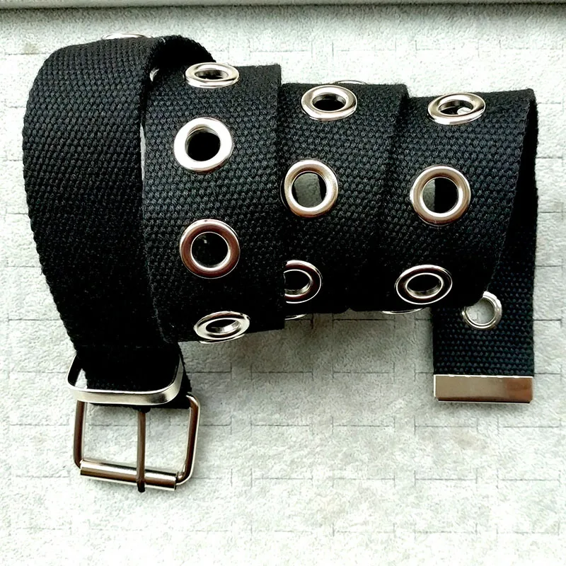 Customized Fashion Eyelets Fabric Pattern Cotton Classic Jeans Web Strap Belt With Pin Buckle