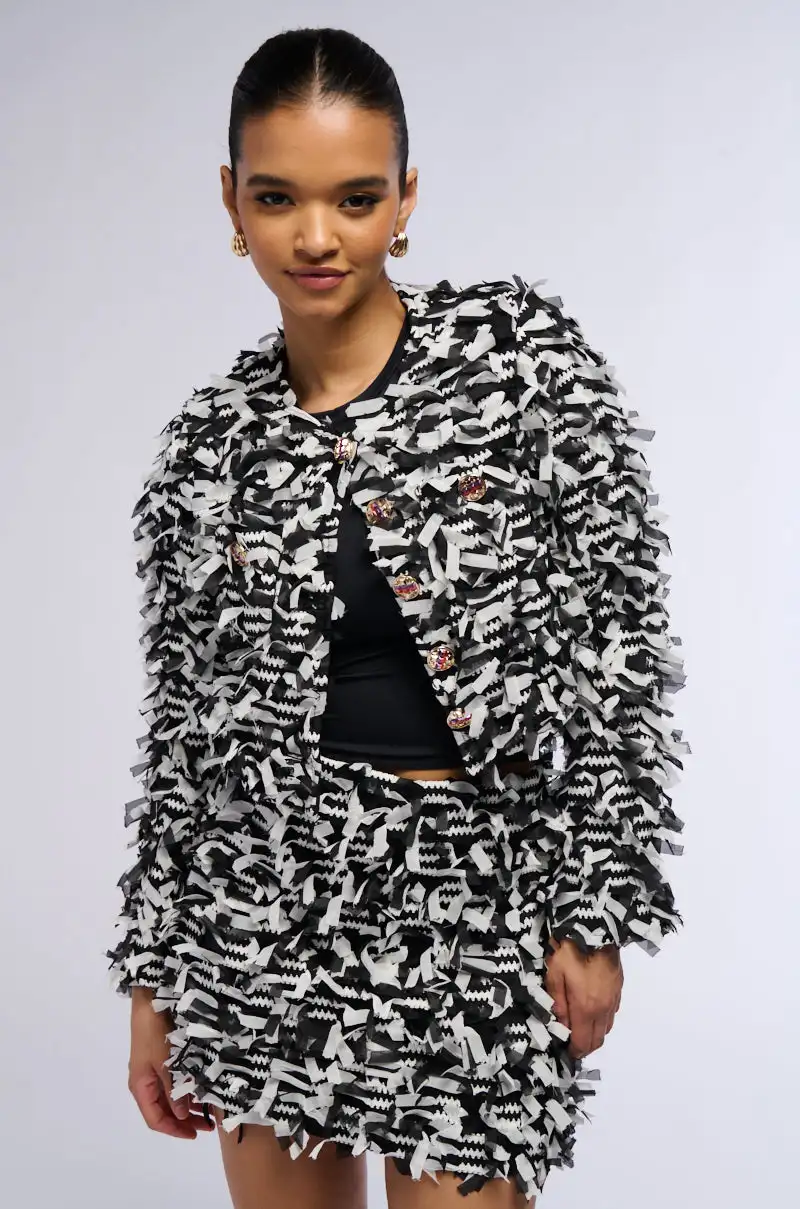 Low Moq Custom Clothing Elegant Black And White Fringe Blazer Jacket + High Waist Mini Skirt Plus Size Women Two Piece Sets