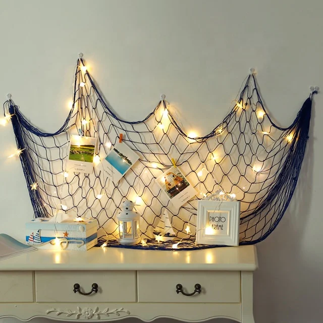 Blue Hanging Photo Displays Fish Net Picture Frames, Home Wall Birthday Ocean Theme Party Decorations