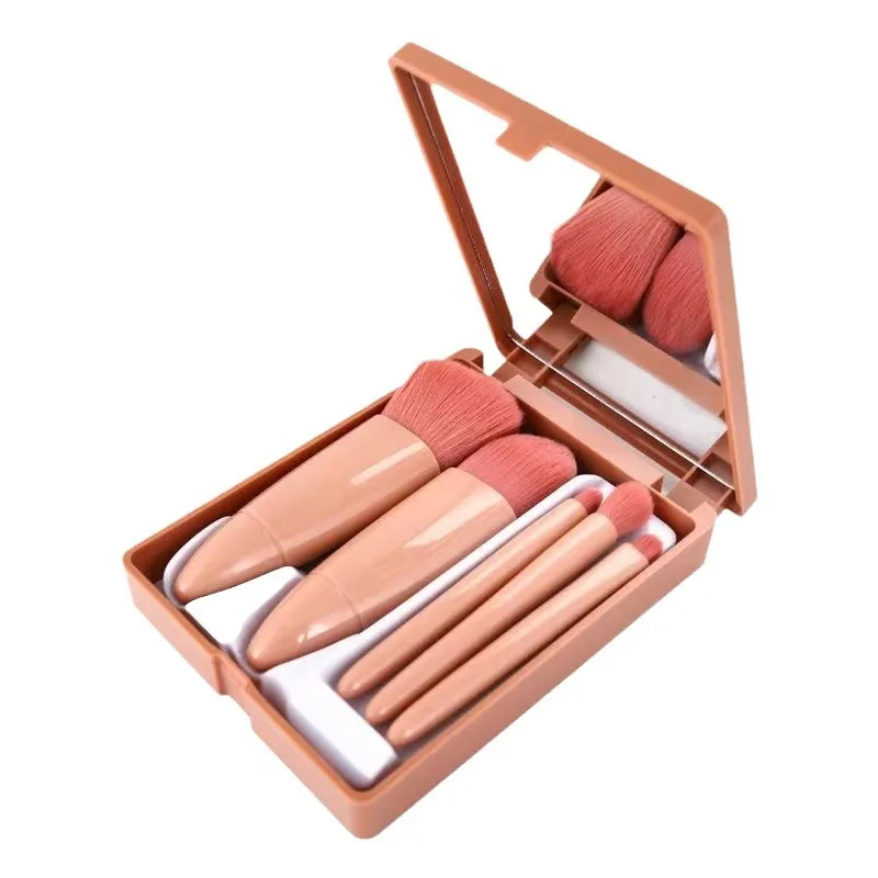Portable Goat Hair Multifunctional Powder Blush Brush Set with 5 Mirrors Boxed Cosmetic Brushes for Face Beauty Tools