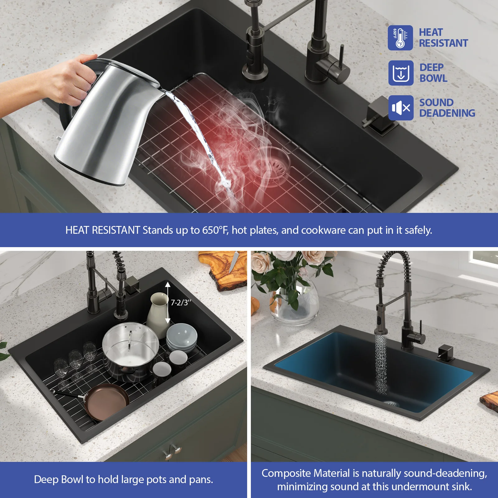 33x19 Inch Quartz Stone Water Saving Workstational Kitchen Sink Step Bowl Granite Black Kitchen Sinks Wholesale