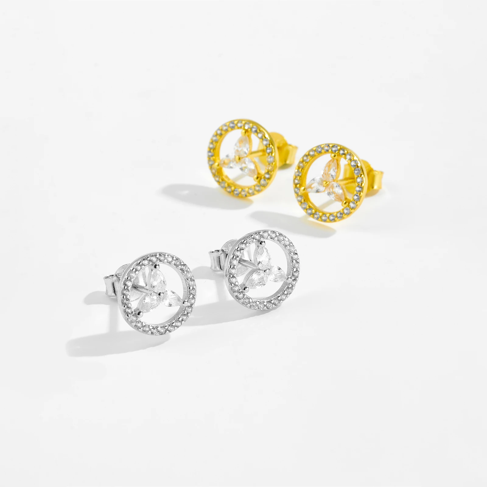 FUAMAY 2025 Fashion Zircon Three Flower Circle Studs 18K Gold Plated 925 Sterling Silver Classic Trio Zircon Stud Earrings