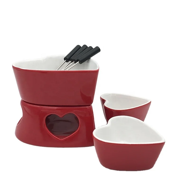 
Heart shaped ceramic chocolate fondue set 