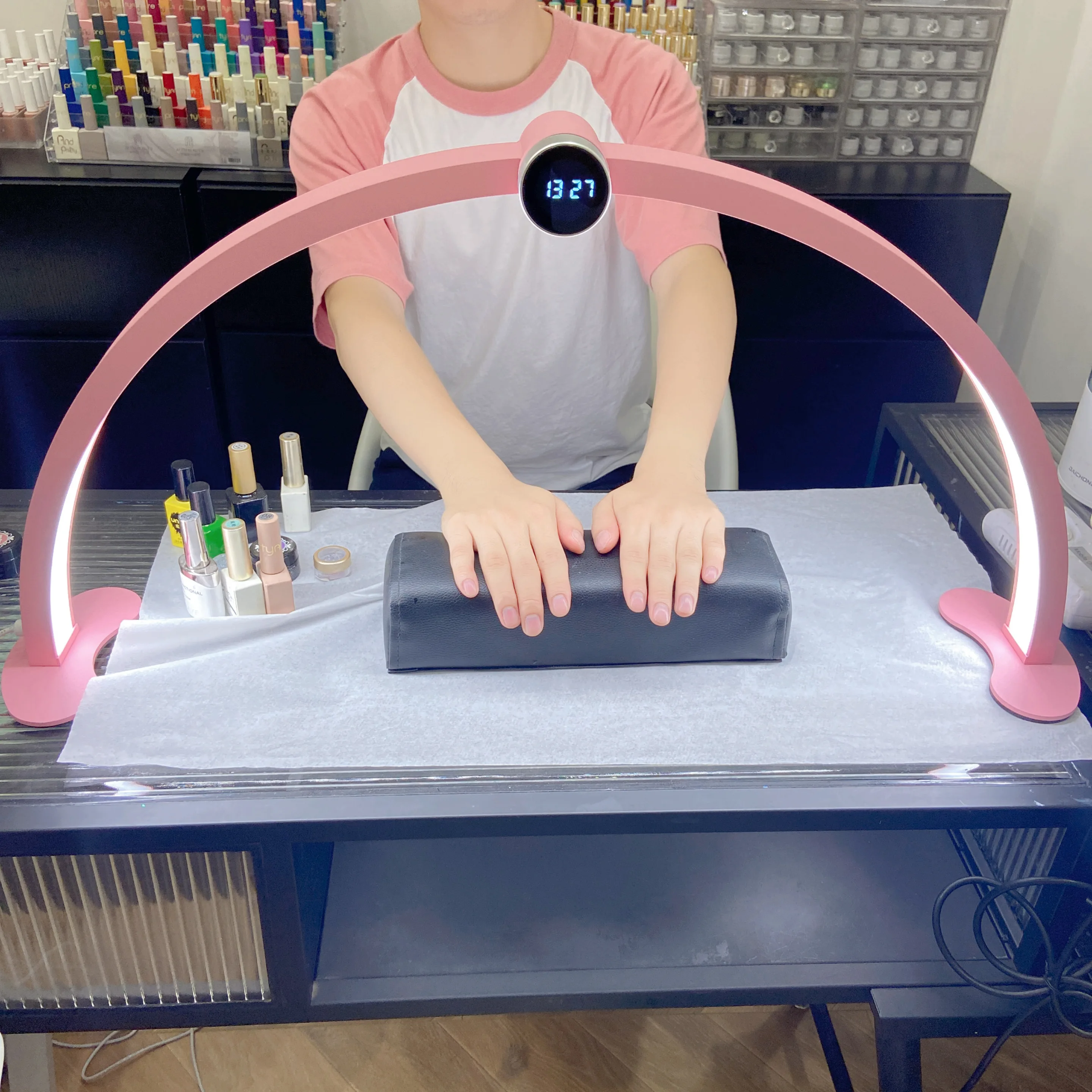 New Free Custom Logo LED Desktop Half Moon Lamp with time display Rhinestones Desktop Arch Ring Led Fill-in Lamp half moon light