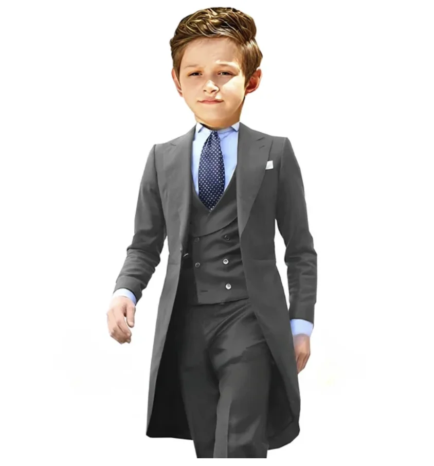 Royal Blue Boys Suits Long Tuxedo Jacket Pant Vest Three-Piece Suit Wedding Dress Kids Formal Business Blazer