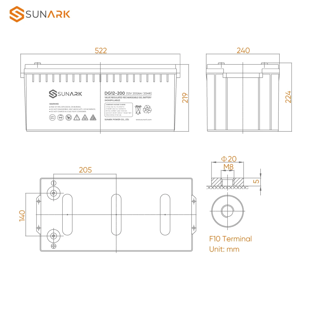 SunArk Best Quality Maintenance Gel Battery 12V 200Ah 200Amp Deep Cycle AGM Batteries
