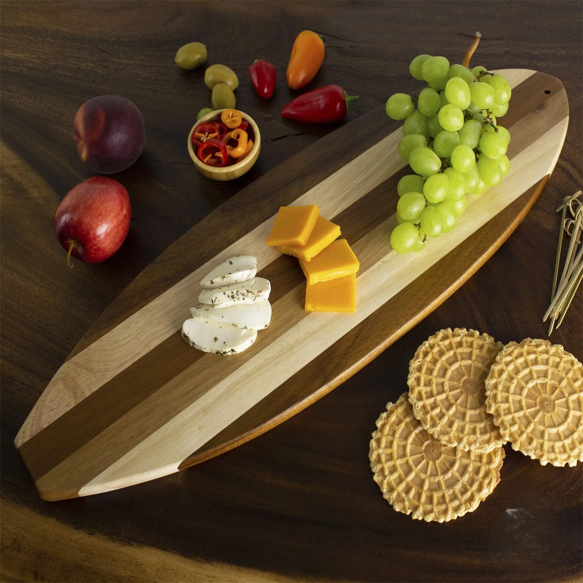 Bamboo Rock & Branch Series Shiplap Surfboard Shaped Wood Serving and Cutting Board | Great for Wall Art