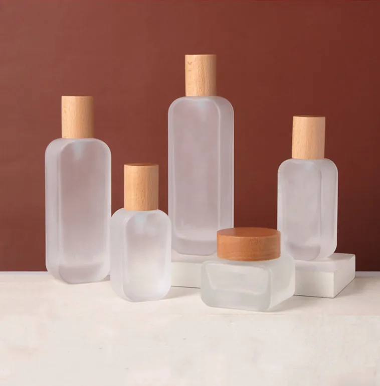 50ml 120ml Square Frosted Glass Pump Bottle 50g Facial Cream Jar With Wooden Cap Skincare Bottle With Wood Lid