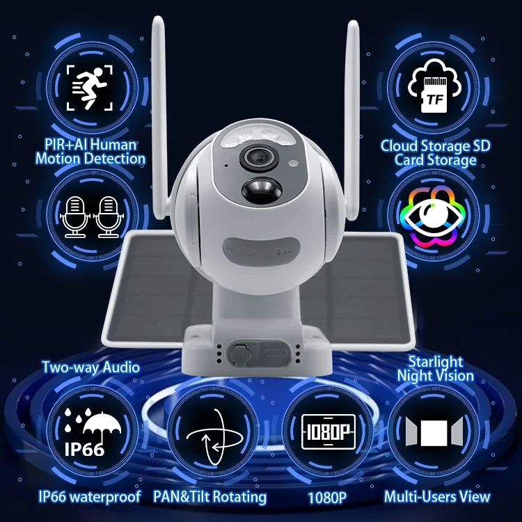 Outdoor Low Power Consumption Surveillance  Gsm System Ptz 360 Panoramic Smart Security Wireless Cctv Ip Wifi 4G Solar Camera