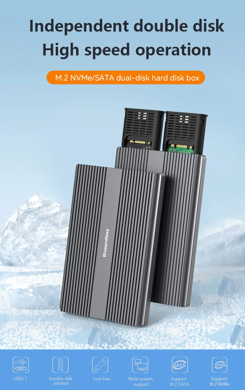 New arrival aluminum screwless dual bay m.2 nvme ssd 4tb m.2 ngff msata ssd to sata 3.0 m.2 nvme case