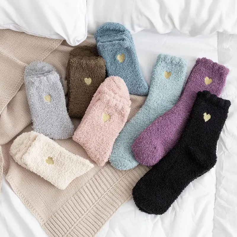 Winter Thicken Coral Velvet Fluffy Thermal Women Sleeping Socks Fashion Embroidery Love Heart Fuzzy Warm Women Socks