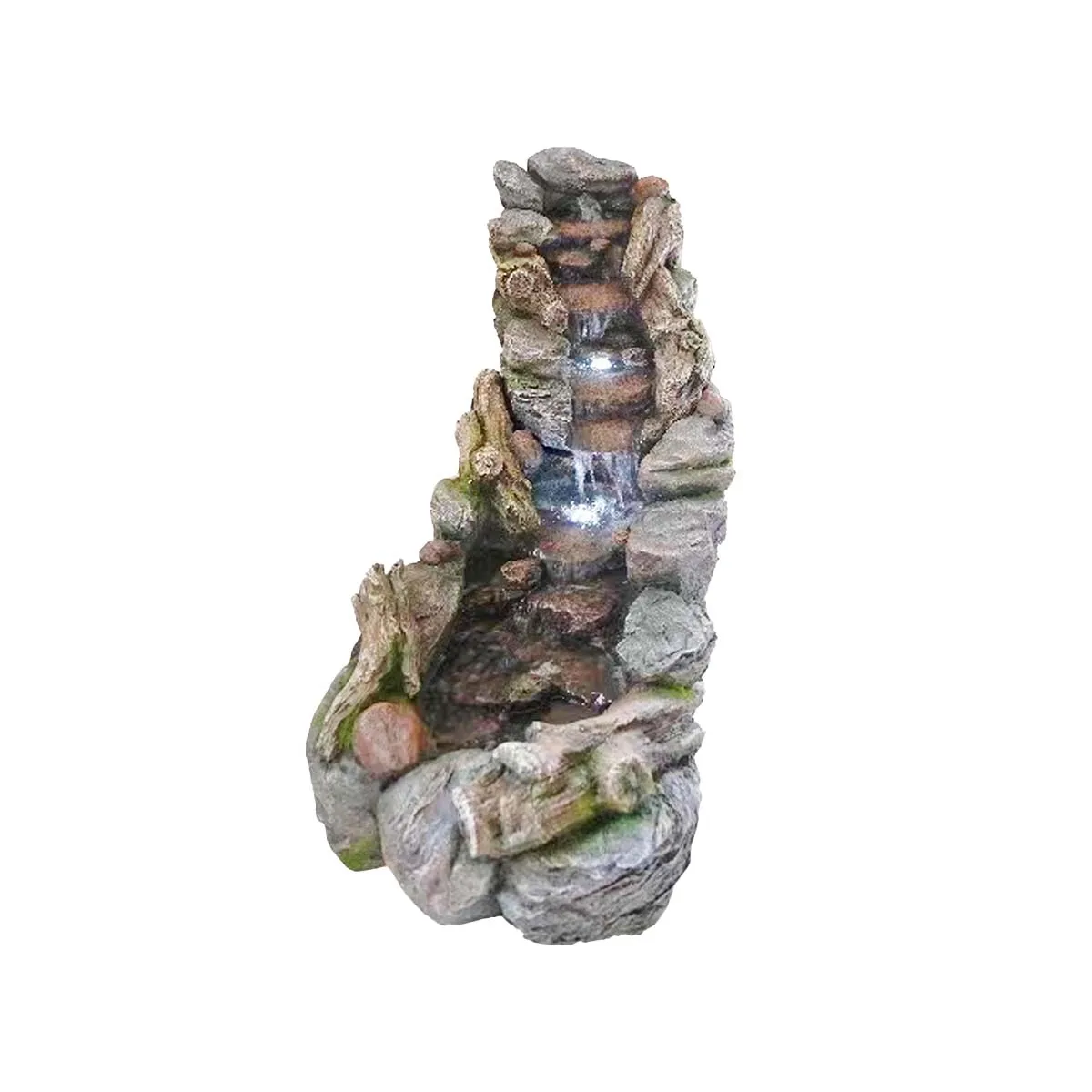 Flat Rock Outdoor Water Fountain LED Lights Solar Or Electric Submersible Pump Polyresin Material Brown