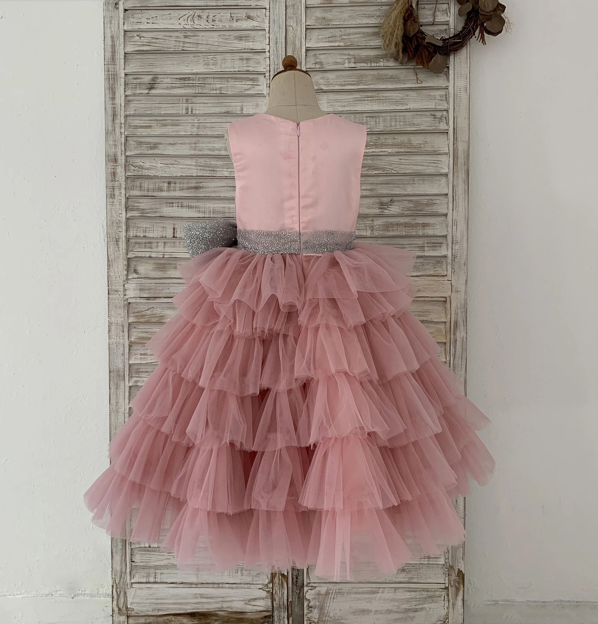 Change-Champagne Sequin Satin Tulle Wedding Flower Girl Dress with Belt and Flower