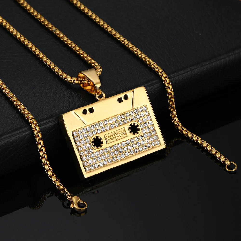 Hip Hop Designer Vintage Rock Cassette Records Waterproof Tarnish Free Stainless Steel Jewelry Pendant Necklaces Man Men Male