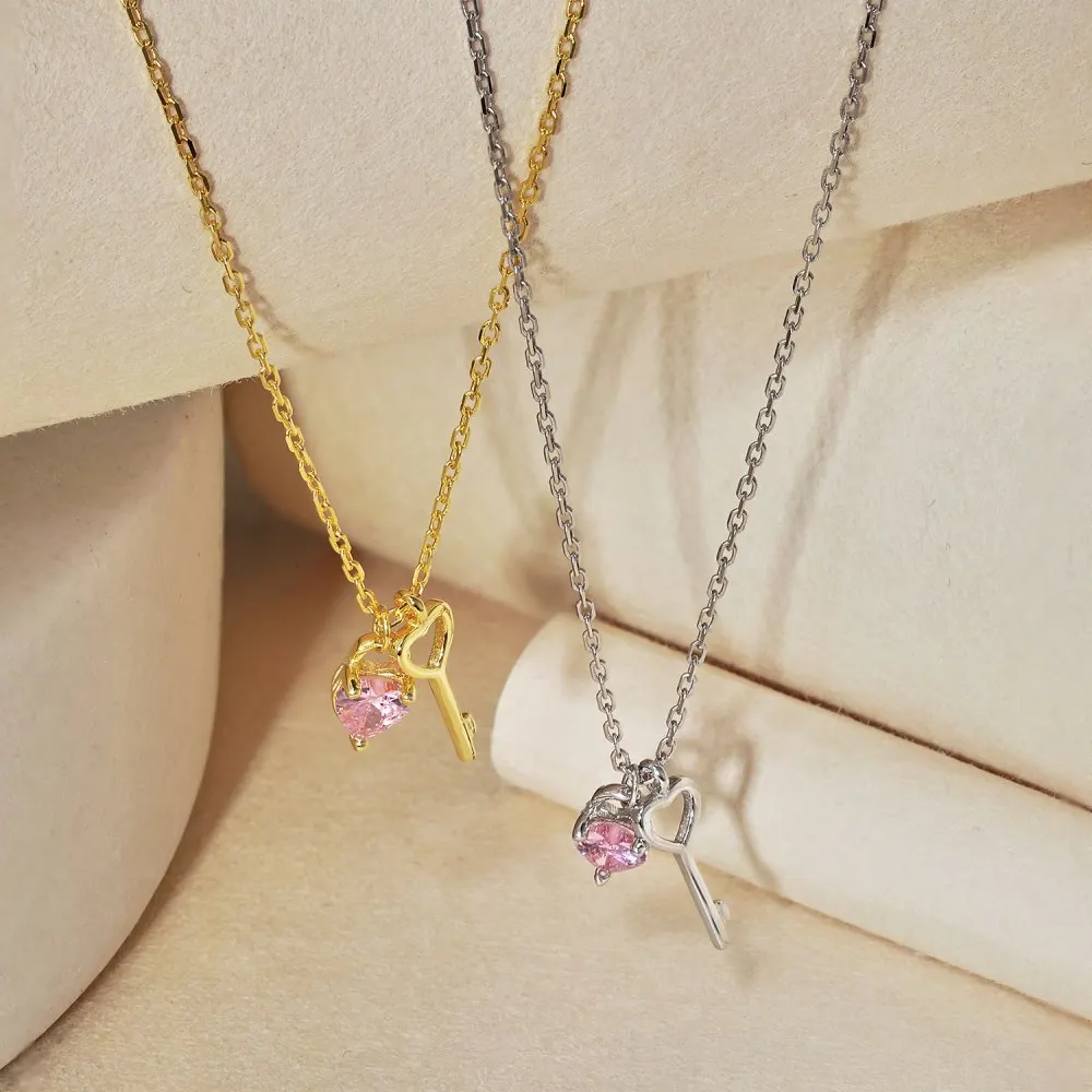 2024 New Jewelry Fashion 925 Sterling Silver Link Chain Pink Zircon Heart Key Pendant Necklace For Women