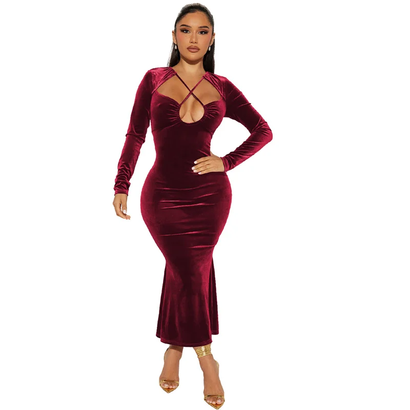 fall luxury elegant women velvet velour criss-cross neck long sleeves trumpet mermaid maxi long evening party dress for women