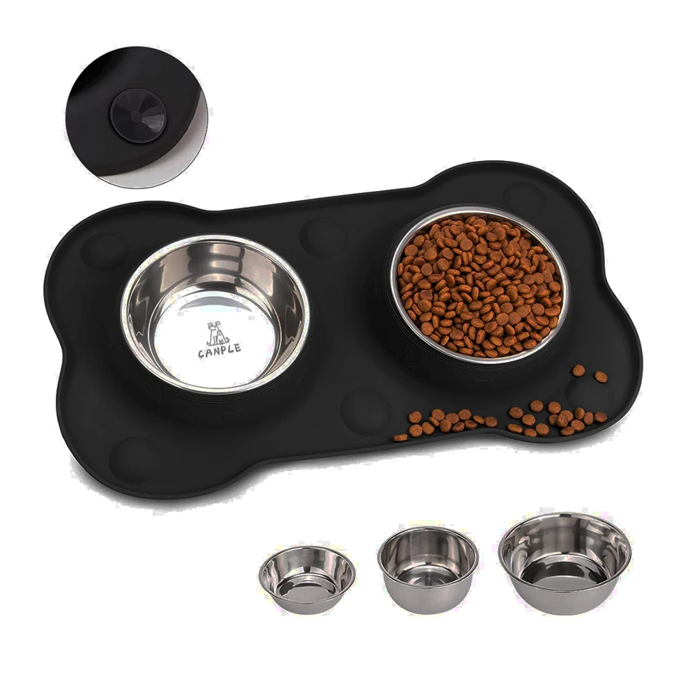 LIHONG wholesale Pet Dog Bowls 2 Stainless Steel Bowl with No Spill Non-Skid Silicone Mat + Food