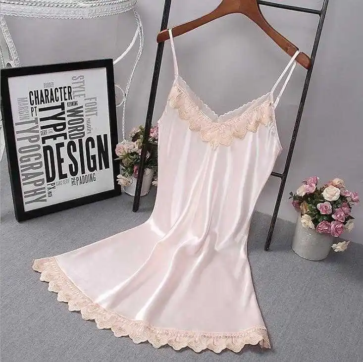 New Pajamas female summer simulation silk sexy nightdress ladies summer lace sleeveless loose large size pajamas high quality