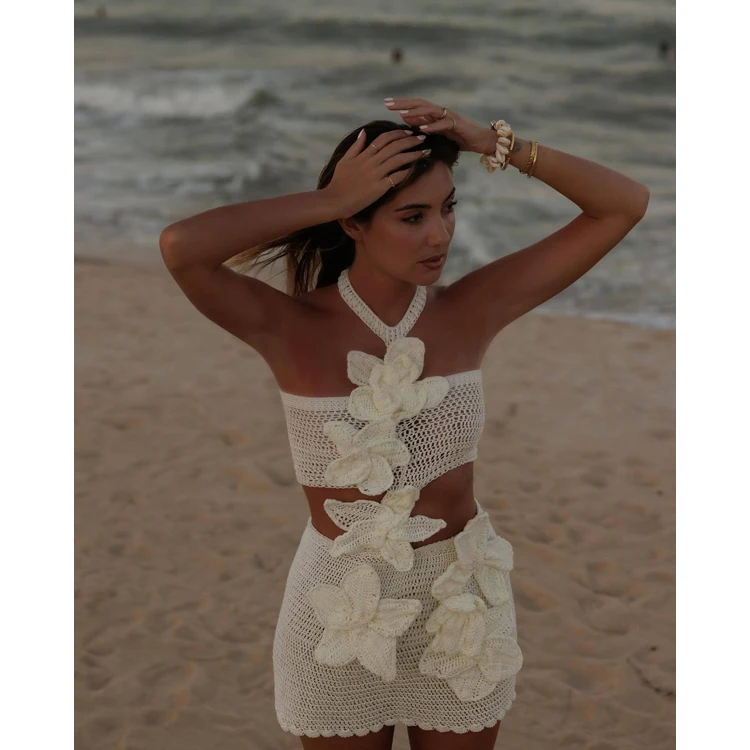 2024 New design fashion halter women dress 3D flower hollow holiday beach dress sexy backless knitting dress