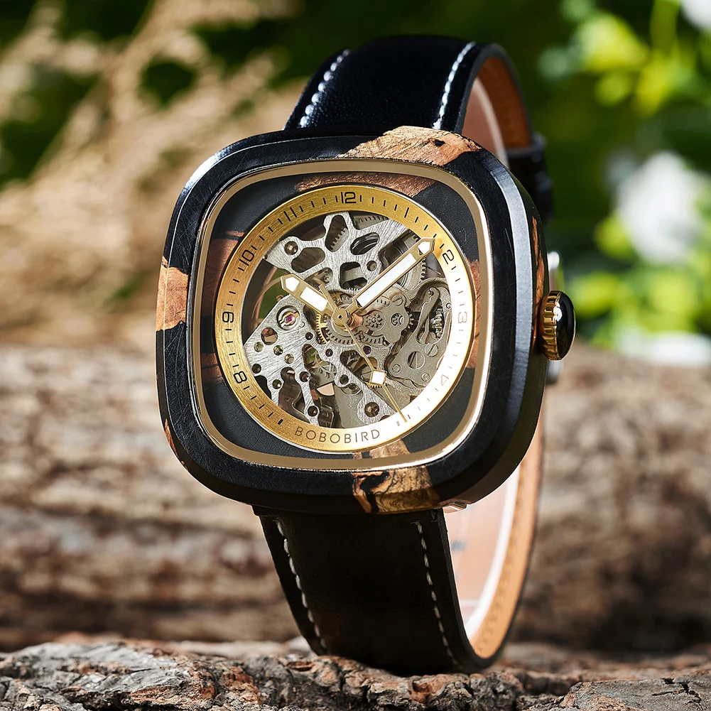 high quality leather strap hollow customized low order Fast Delivery Oem resin wooden mechanical watch