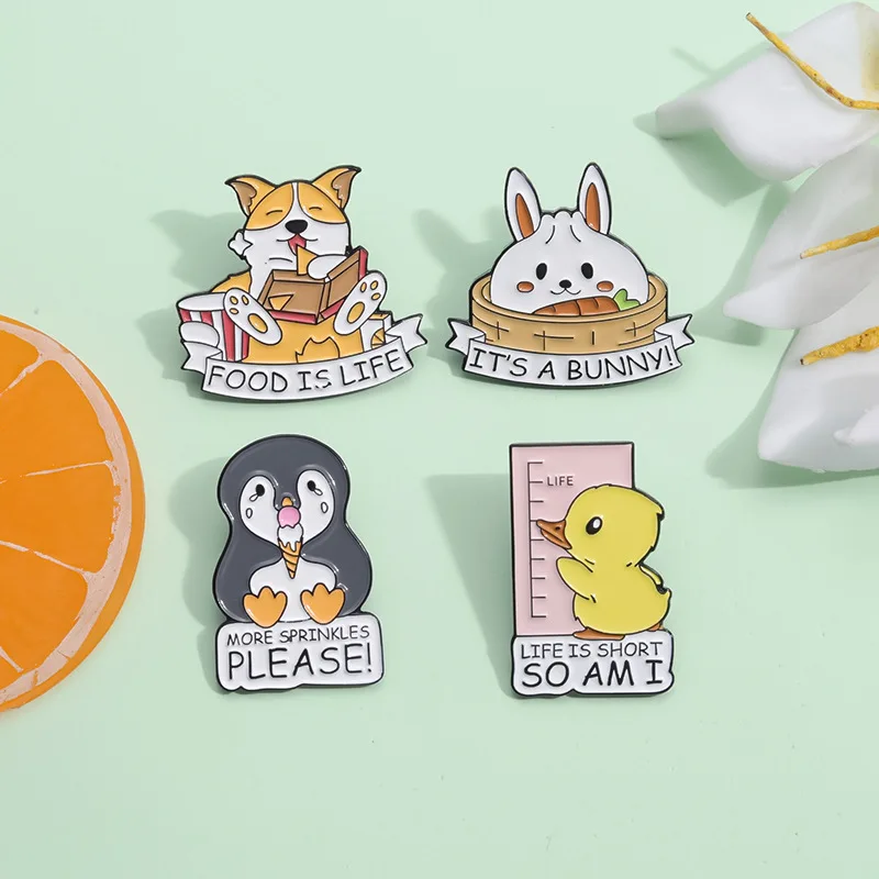 Cartoon Animal Enamel Pins Custom Rabbit Corgi Duck Penguin Brooches Lapel Badges Life Is Short So Am I Jewelry Gift For Friend