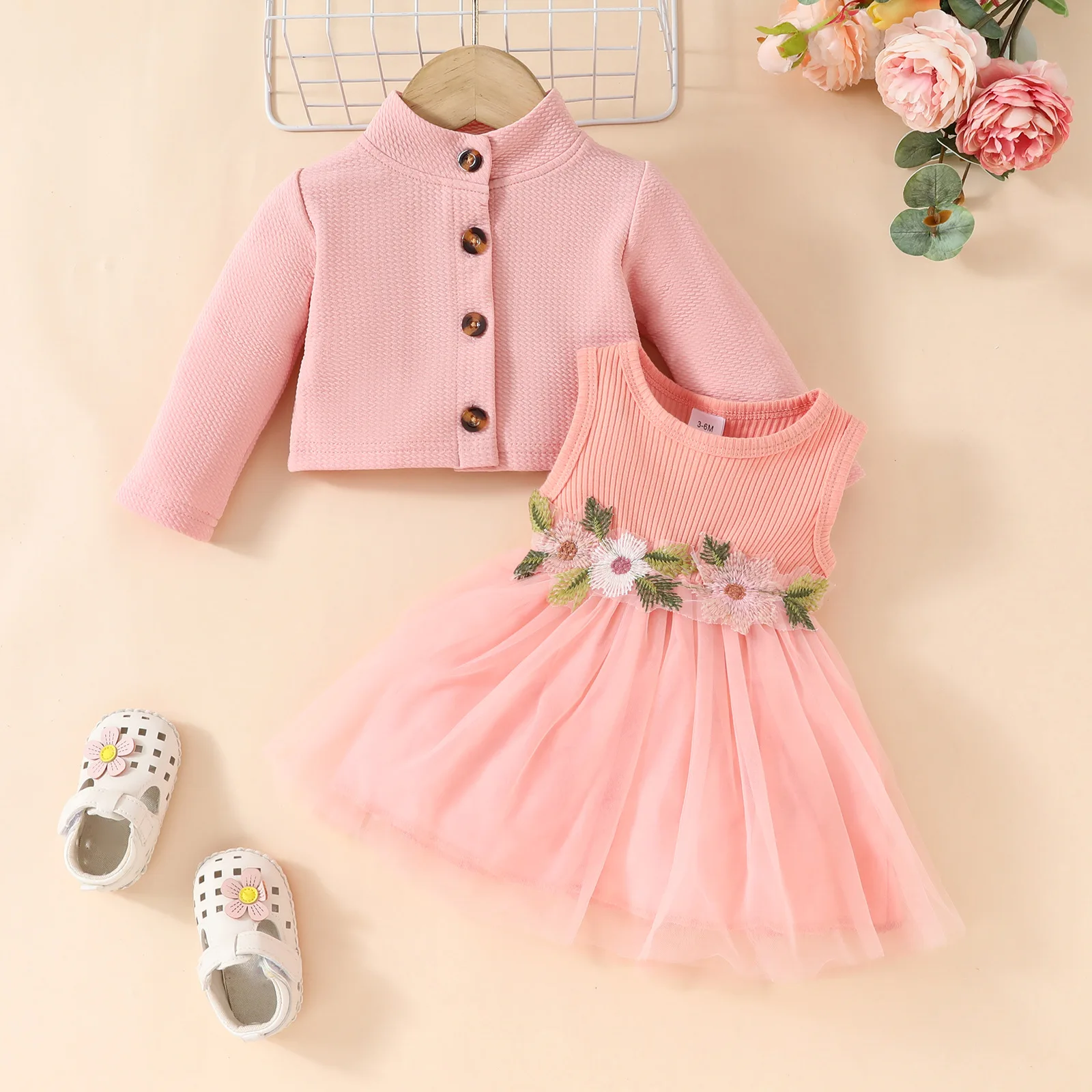 Hot Selling Summer Newborn Baby Sleeveless Girl Princess Dress Cute Kids Hair Band Kids Hair Band Mesh Dress +Coat 3pcs Sets