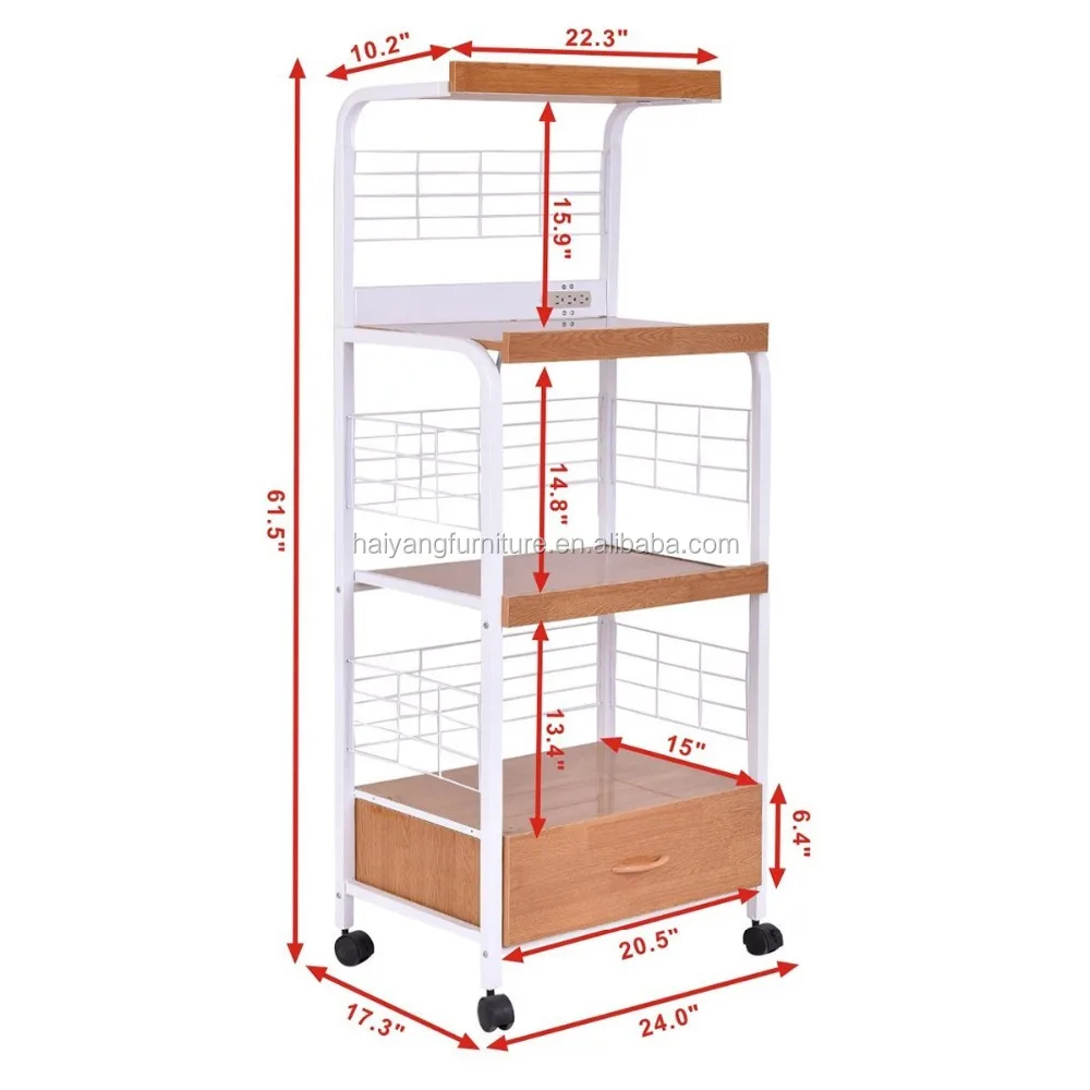 Kitchen rack cart microwave stand wooden storage trolley cart with metal frame