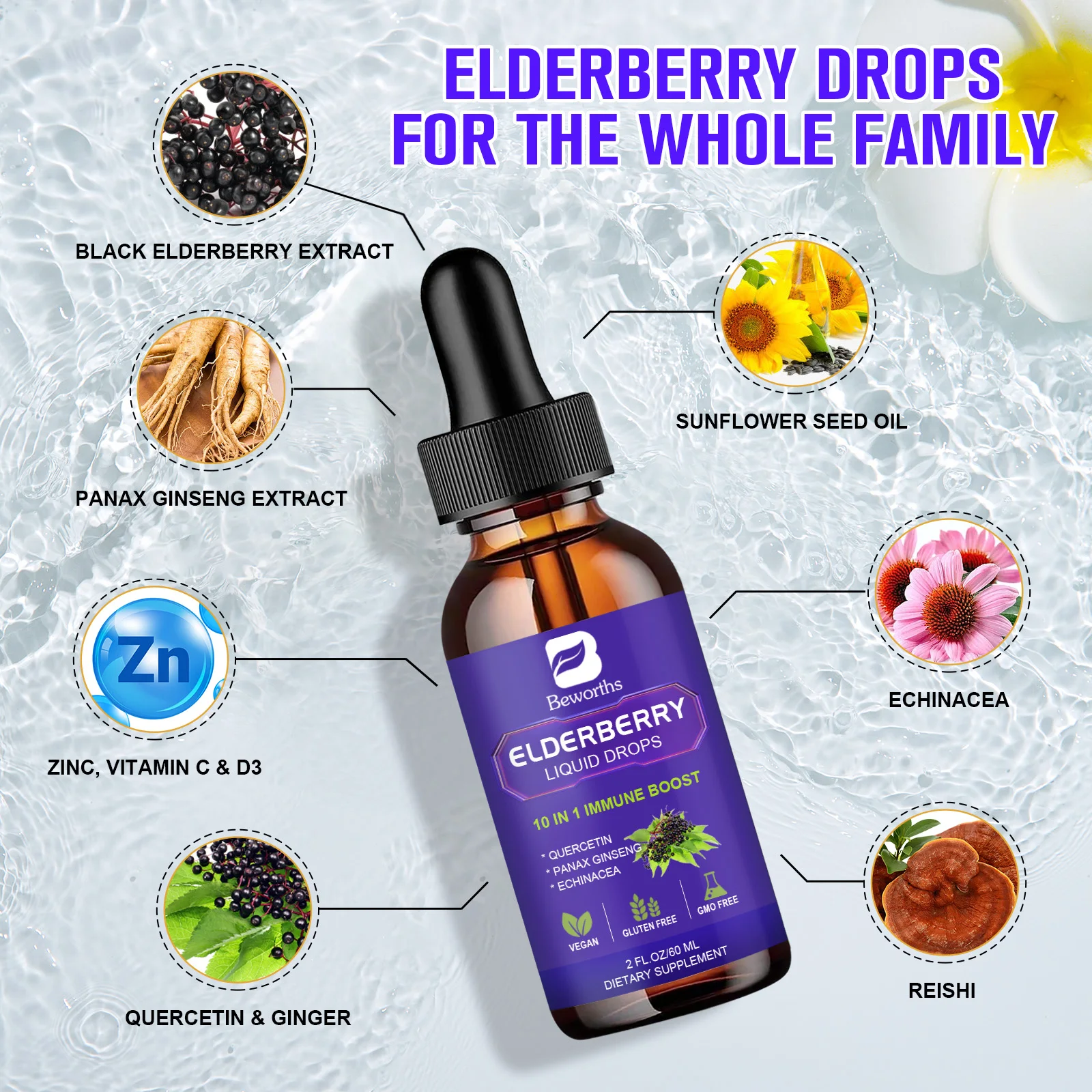 Beworths Organic Quercetin Panax Ginseng Root Black Elderberry Extract Elderberry Complex Oral Liquid Drops Supplement 60ml