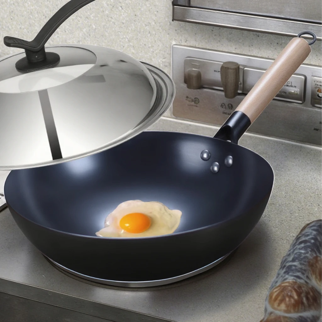 Hot Selling Black Cast Iron Non-Stick Fry Wok Kitchen Carbon Steel Cooking Pan Induction Gas Stove Compatibility Lid Included