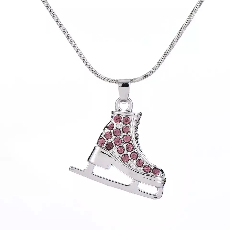 Winter Jewelry Fashion Skateboard Pink Clear Crystal Ice Skating Shoe Charms Sport Pendants Necklaces