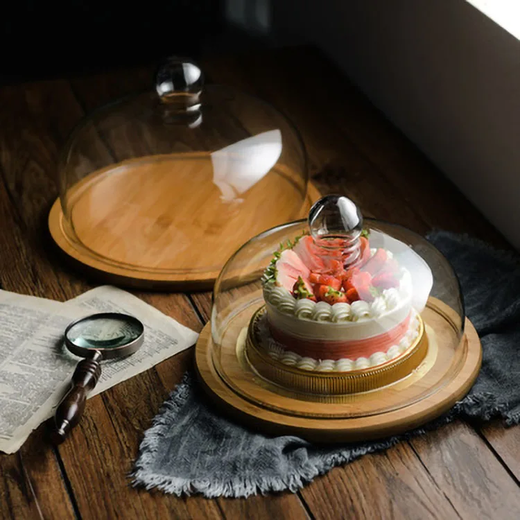 High quality bamboo cup cake display tray clear glass dome cake stand set for dessert table