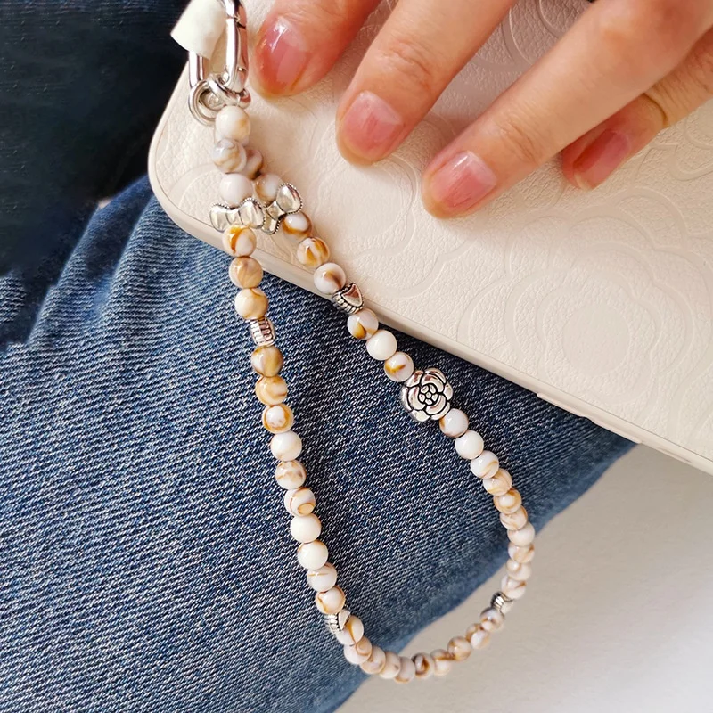 Fashion Camellia Natural Stone Beaded Chain Crossbody Patch Phone Strap Wrist Lanyard For Keys iPhone Case ID Badges Custom Logo