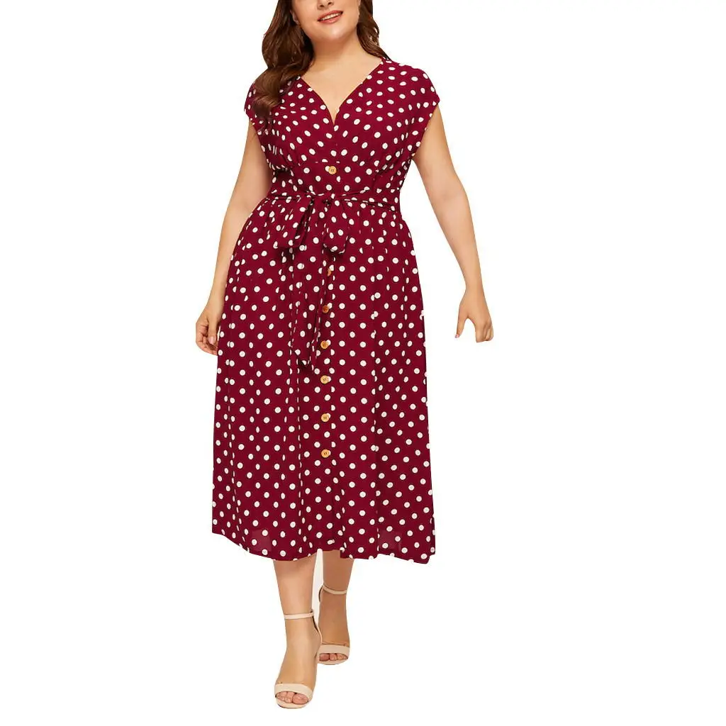 Plus Size Polka Dot Dress Summer Front Button Lace-Up Waist V-Neck Fat Women Dress Casual Loose Large Ladies Midi Dress